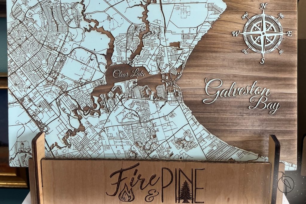 A wooden map of Galveston Bay